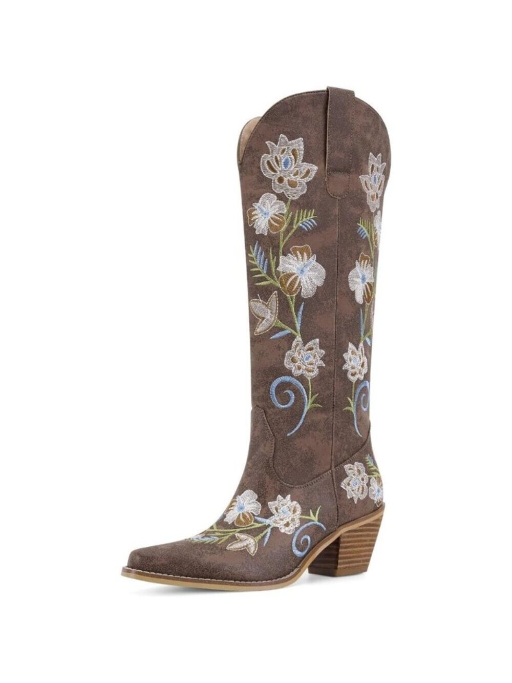Women's Dark Brown Knee High Cowgirl Western Boots Pointed Toe Chunky Block Heel